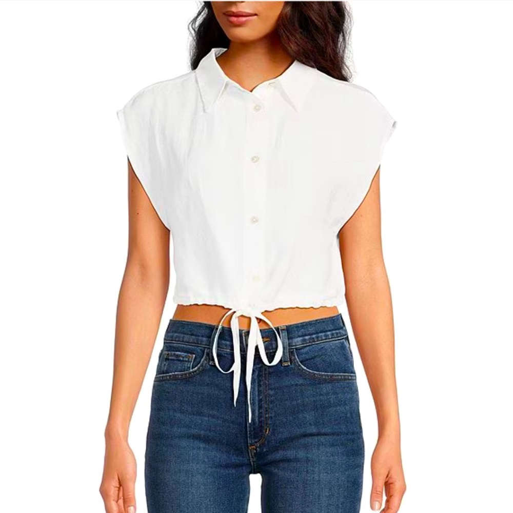 Point Collar Short Sleeve Button Down Cropped Top